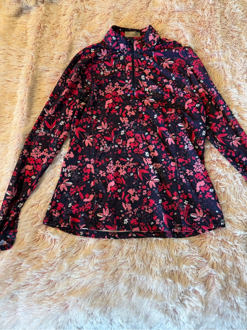 Callaway Navy and Pink Floral Quarter-Zip Long Sleeve Top